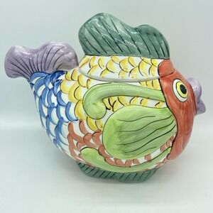 W.C.L. Ceramic 12" Kissing Koi Fish Cookie Jar Tropical Colors Fiesta Cottage